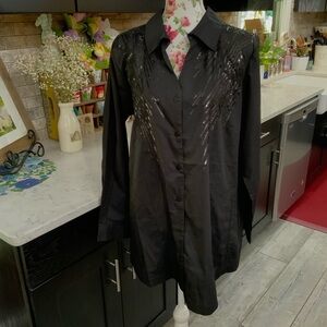 Joan Rivers 1X Blouse Black Sequin Side Pockets Woven Long Sleeve New With Tags